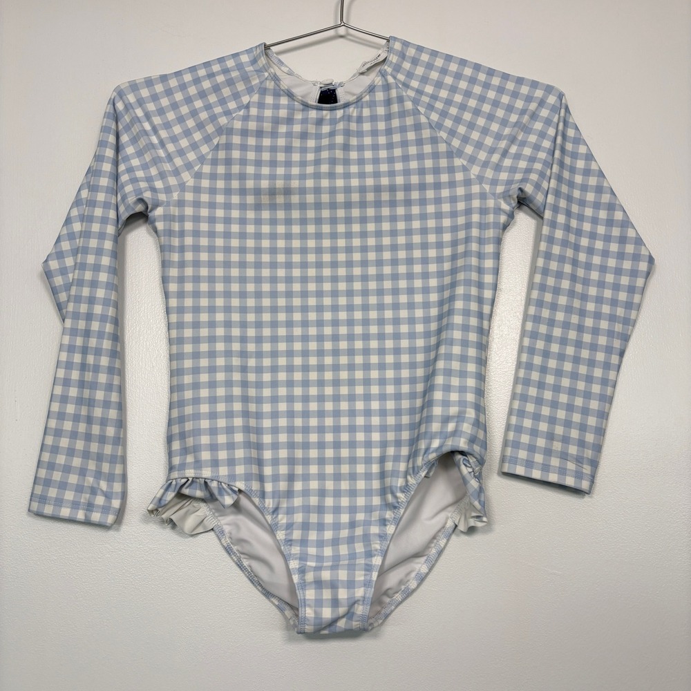 Minnow Kids Swimsuit 11/12 Blue Gingham Long Sleeve Rash Guard Ruffle One Piece